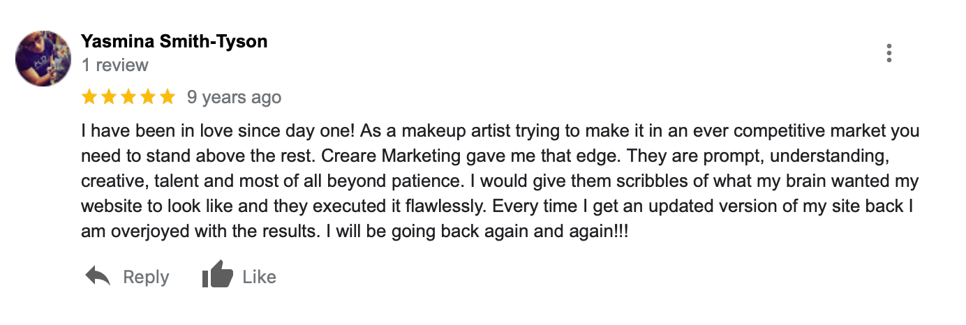 Creare Client Testimonial from Yasmina Smith of YCS Makeup