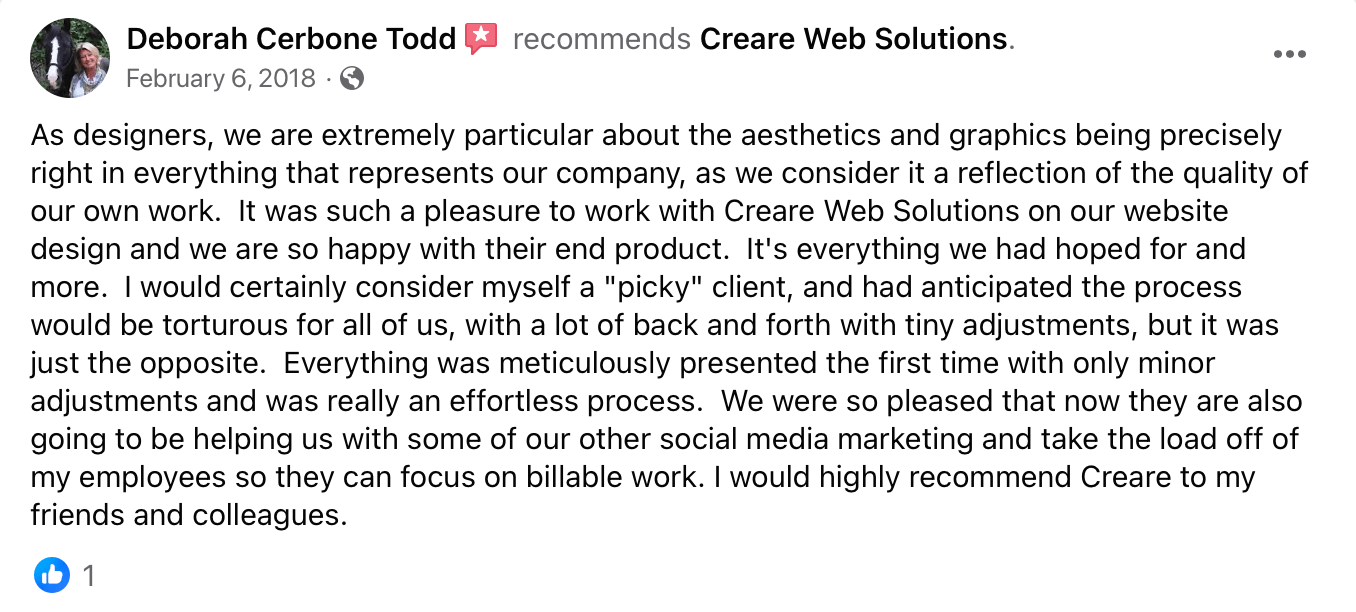 Creare Client Testimonial from Deborah Cerbone Todd of Deborah Cerbone and Associates